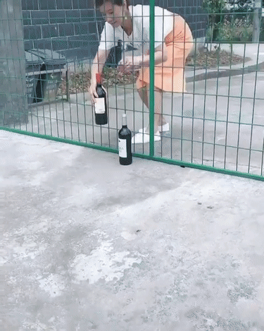 Einer Frau am Zaun mit Weinflaschen helfen