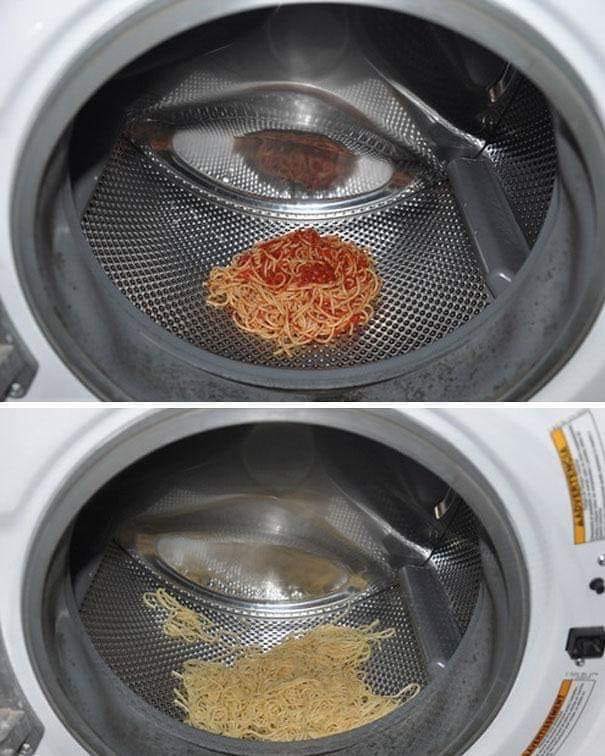 Nudeln in der Waschmaschine von der Tomatensoße reinigen lustig