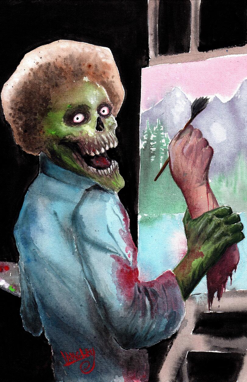 Lustiges Bild Bob Ross als Zombie an Leinwand Ehechaos und Beziehungsspaß - Amüsante Liebeserlebnisse Liebe und Zombies: So meistert ihr die Apokalypse als Ehepaar Beziehung, Ehe, Komische Begebenheiten des Lebens, Liebesleben, Ratschlag | Die Kirche des heiligen Al Bundy 22. April 2023 8