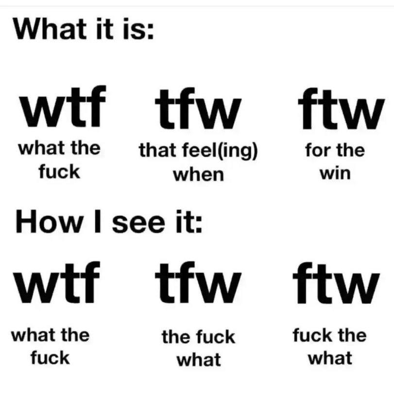 Verschiedene Ausdrucksformen von WTF TFW FTW Komische Familienabenteuer und schräge Verwandtschaft Gen-Z Abkürzungen: Deine Kinder sprechen in Rätseln, und du bist der DAU Kinder, Komische Begebenheiten des Lebens, Ratschlag, Wissen zum lachen | Die Kirche des heiligen Al Bundy 8. September 2024 8