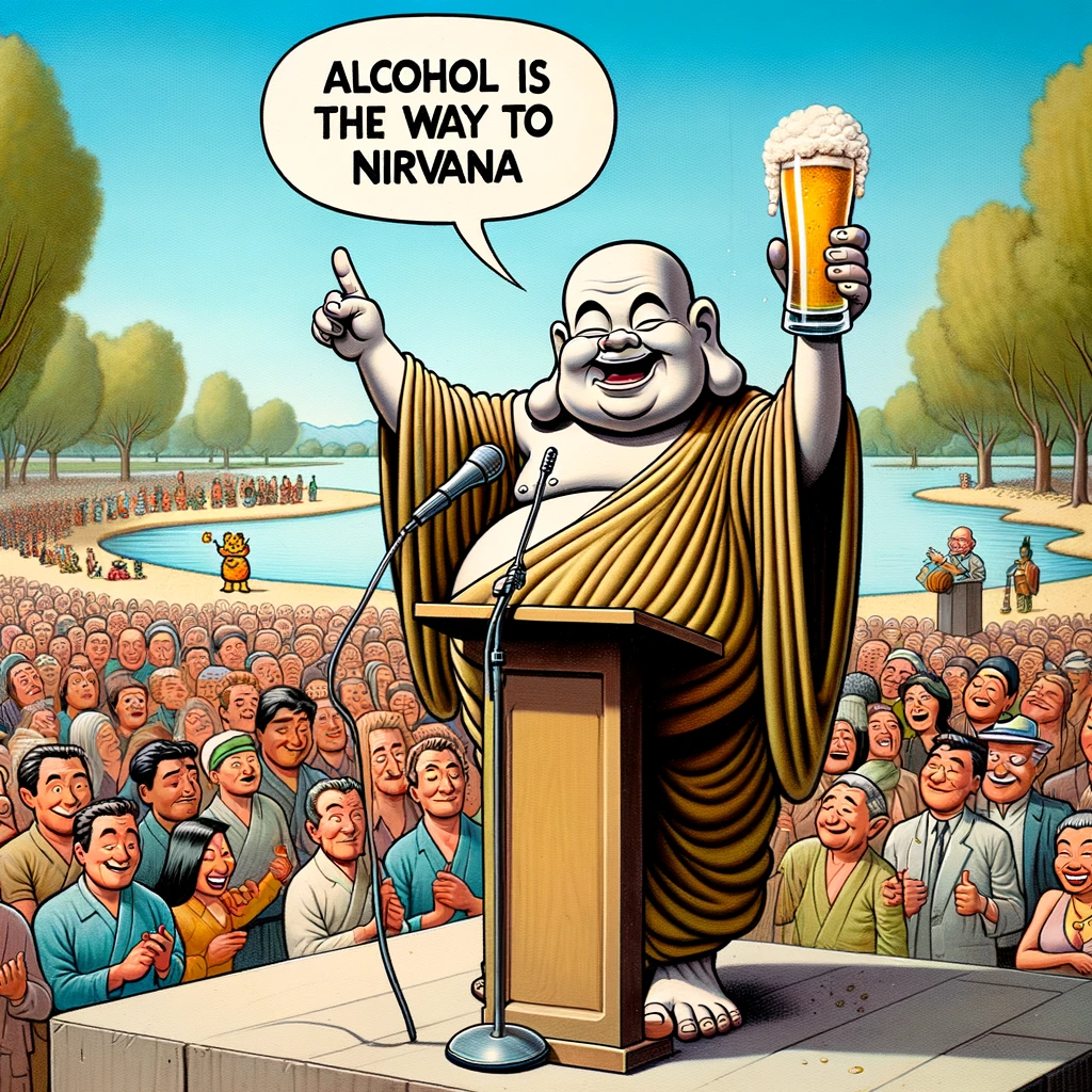 Buddha steht auf Podium Weisheit Alkohol ist der Weg nach Nirvana Wissenswertes mit Witz und Humor Buddha´s lustige Weisheiten: Für den modernen Biertrinker und Mindestlohnverdiener Alltagsgott, Komische Begebenheiten des Lebens, Spaß-Religion, Tipps | Die Kirche des heiligen Al Bundy 12. November 2023 5