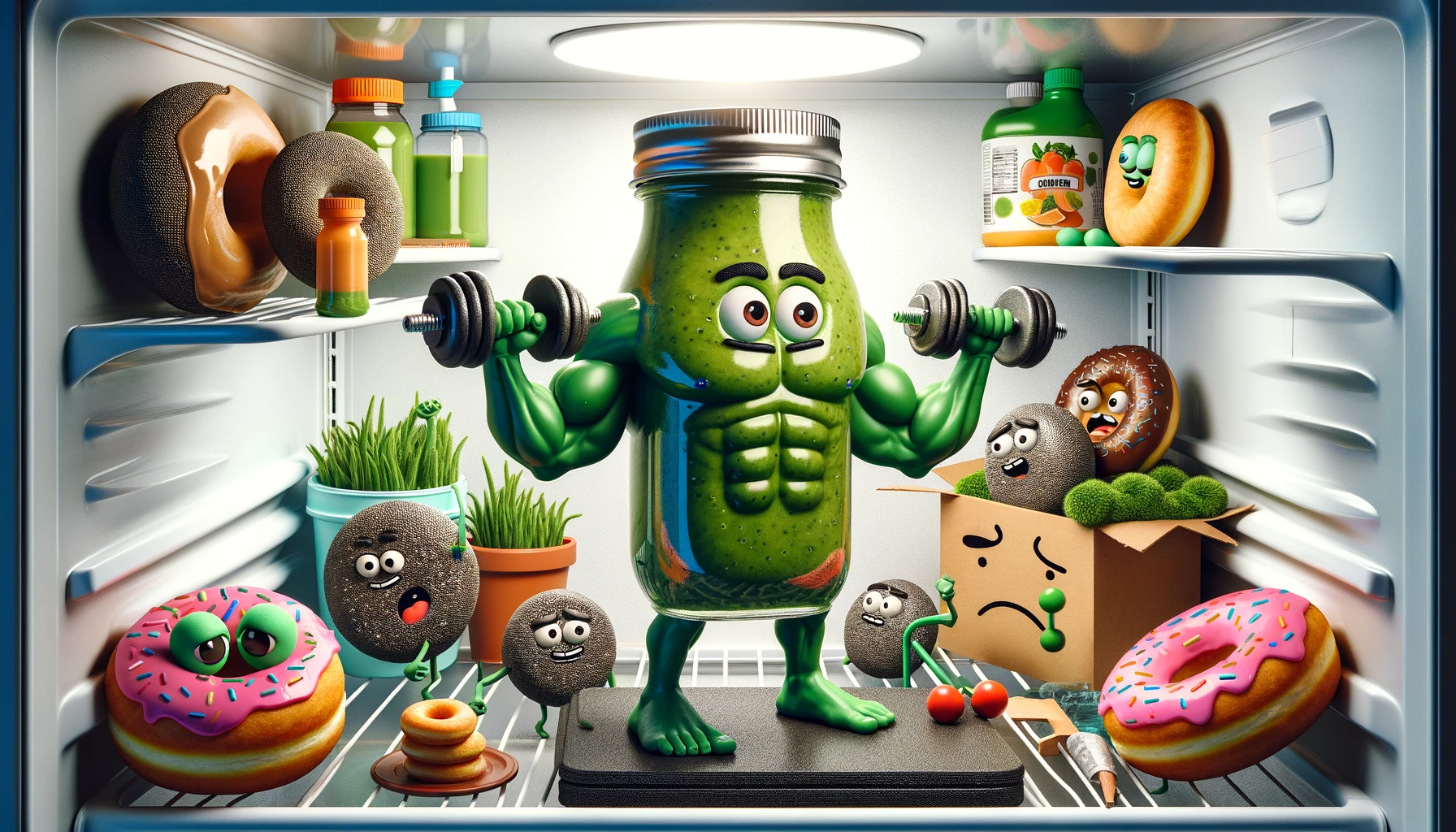 cartoon style muscular green smoothie jar with arms and legs Wissenswertes mit Witz und Humor Gesunde Ernährung: Lustiges über Superfood Hype und Detox-Säfte Kochen, Komische Begebenheiten des Lebens, Wissen zum lachen | Die Kirche des heiligen Al Bundy 13. November 2023 2