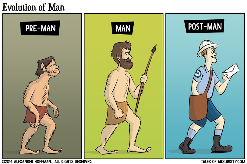 Absurde Bilder Evolution des Postboten komisch Arbeitswahnsinn und Bürosatire Der Paketzusteller – Nun gibt schon her du Lahmarsch Alltag, Arbeit, Beschweren, Humorvolle Alltagsgeschichten, Kundschaft, Lustige Menschen, Lustiges über das Leben, Zuhause | Die Kirche des heiligen Al Bundy 22. April 2022 4