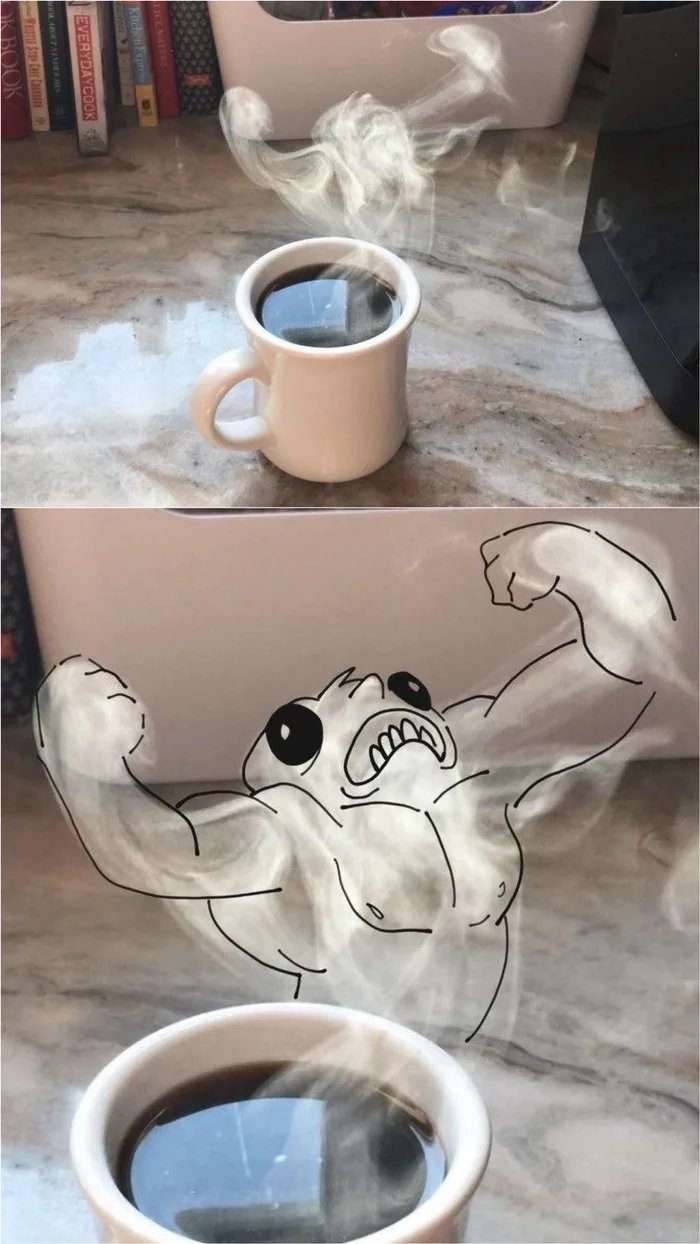 Dampf steigt aus heißer Kaffeetasse auf. Kaffee macht stark