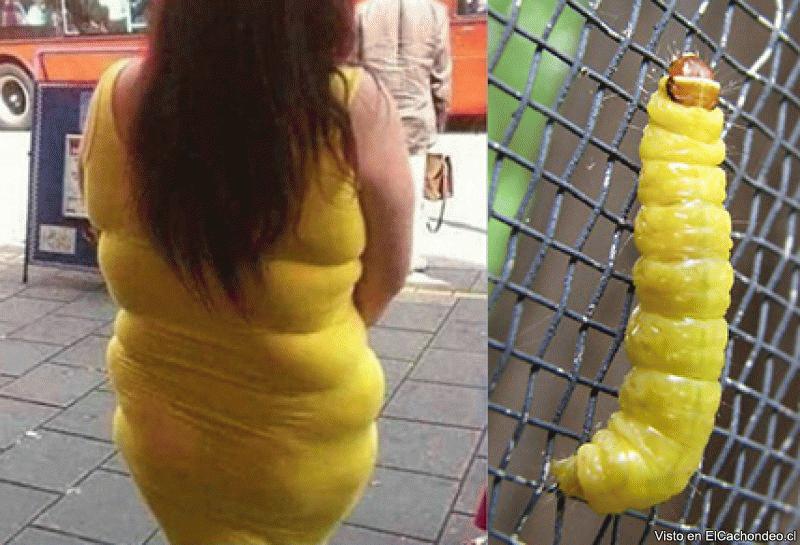Füllige Frau in unvorteilhaft engen gelben Kleid