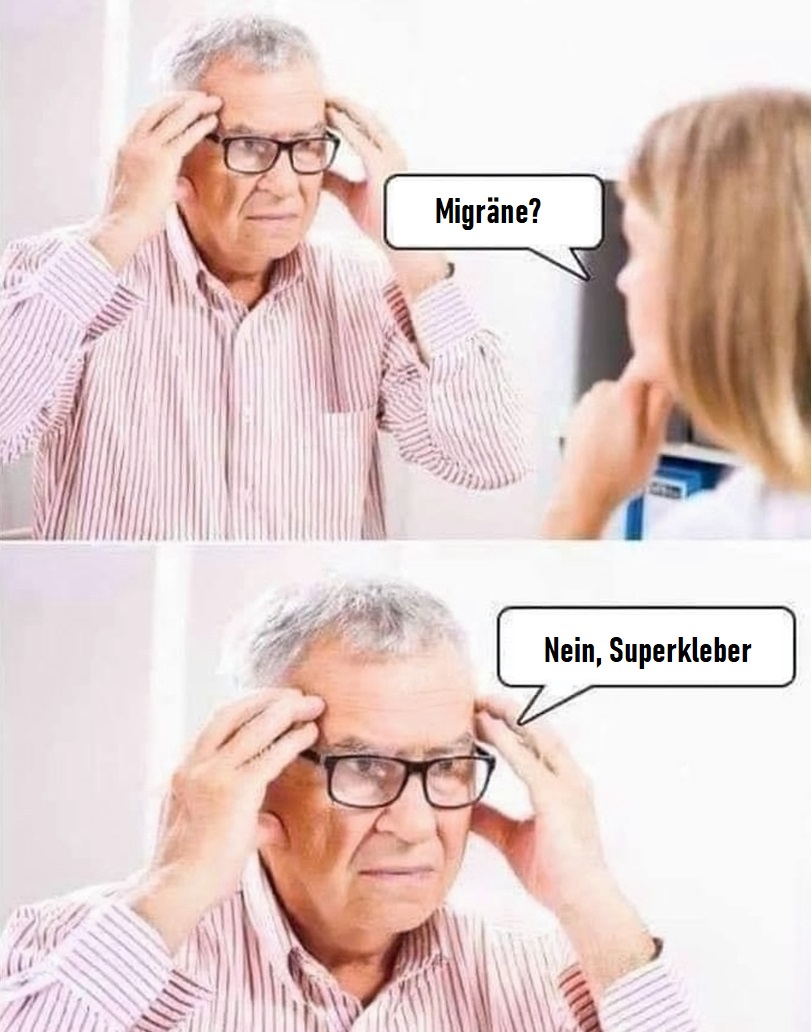 Mann mit Migraene lustig beim Arzt Frauenhumor: Lachflash mit weiblichem Twist Mann mit Migräne lustig beim Arzt. Ist es Migräne oder Superkleber?