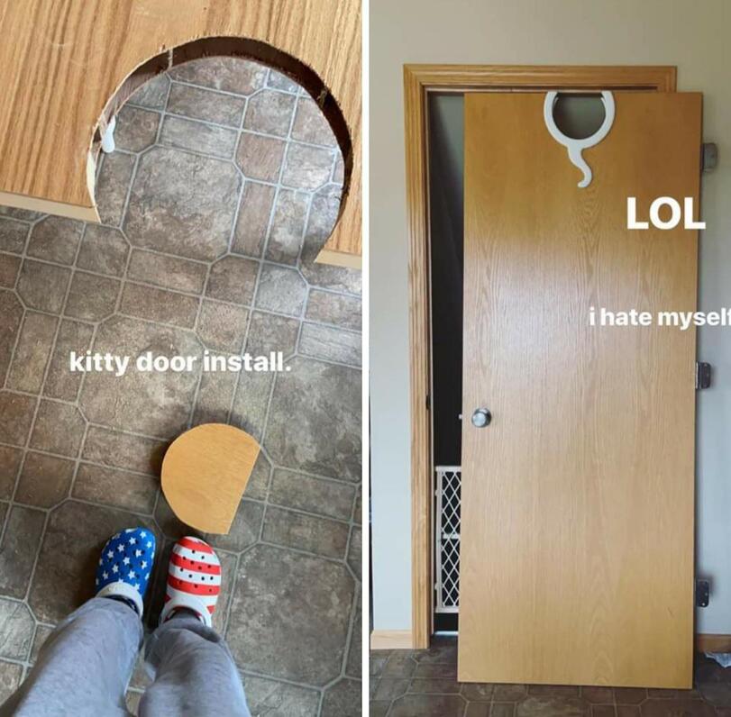 DIY Fail Katzen Klappe in die Tuer gesaegt lustig Heitere Haushaltsmomente mit einem Augenzwinkern Die witzigsten DIY-Fails: Wenn Heimwerken zum Comedy-Event wird Dumm, Haushalt, Heimwerker, Komische Begebenheiten des Lebens | Die Kirche des heiligen Al Bundy 27. April 2023 1